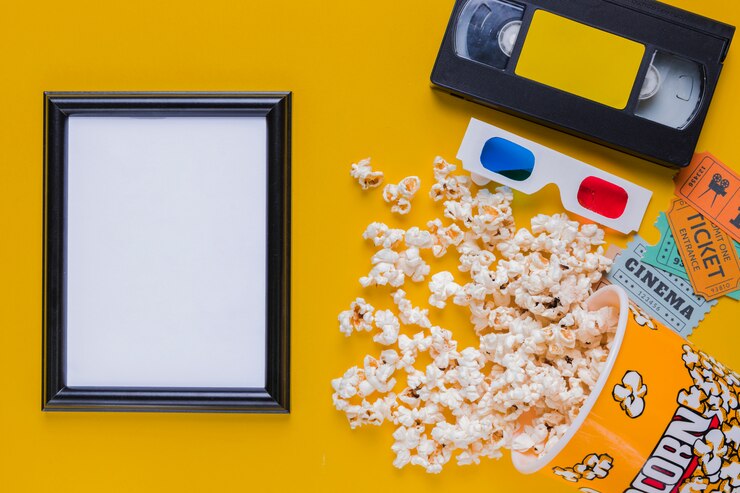 Videotape with popcorns and a frame